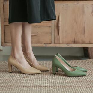 真皮尖头单鞋女牛皮粗跟高跟鞋7cm绿色中跟工作女鞋裸色5cm大小码