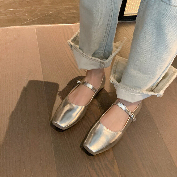 戈森2025春款法式浅口方头粗跟芭蕾单鞋女设计感小众银色玛丽珍鞋