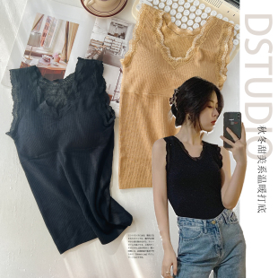 杜小宅秋冬蕾丝边V领背心女内搭加厚毛圈打底衫自带胸垫吊带内衣