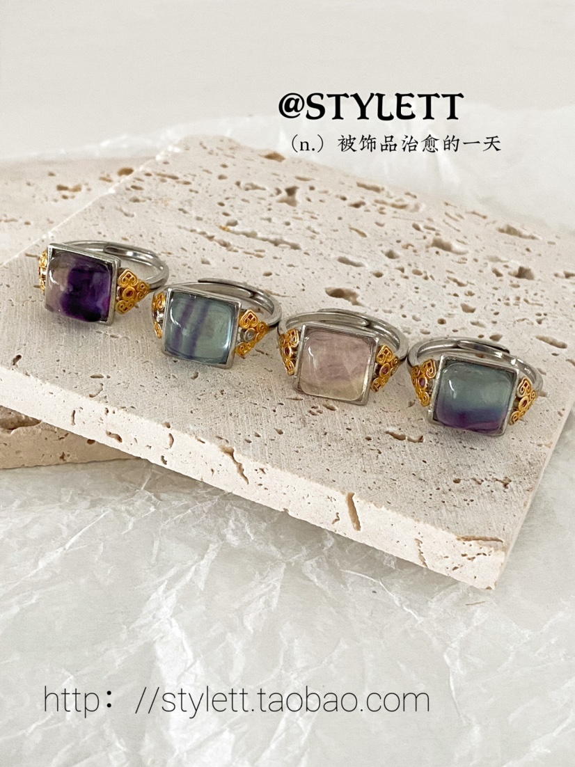 天然萤石独特设计戒指纯银女