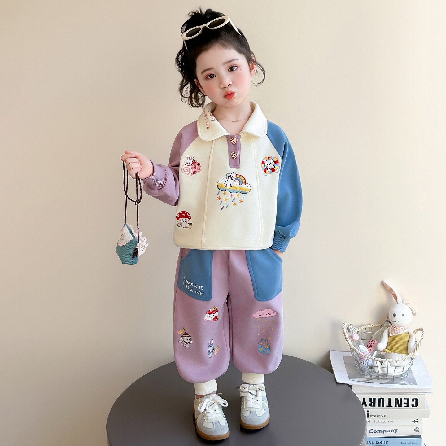 女童套装2026新款春季拼色春秋款翻领卡通卫衣春装女宝运动两件套