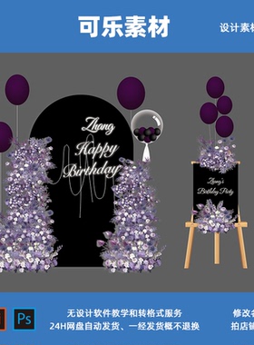 时尚简约黑色女生成人生日派对布置kt板男士生日气球派对背景素材