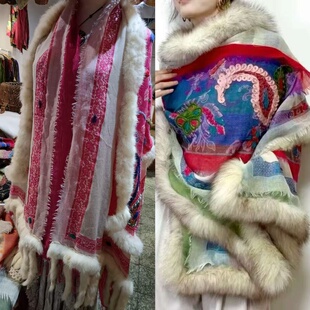九月同款尼泊尔克什米尔狐狸毛边水煮羊毛围巾披肩手工刺绣民族风