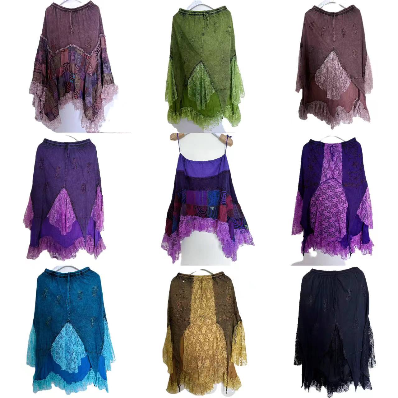 尼泊尔嬉皮风绿精灵半身裙纯棉刺绣拼接蕾丝双层超仙中长裙子古着