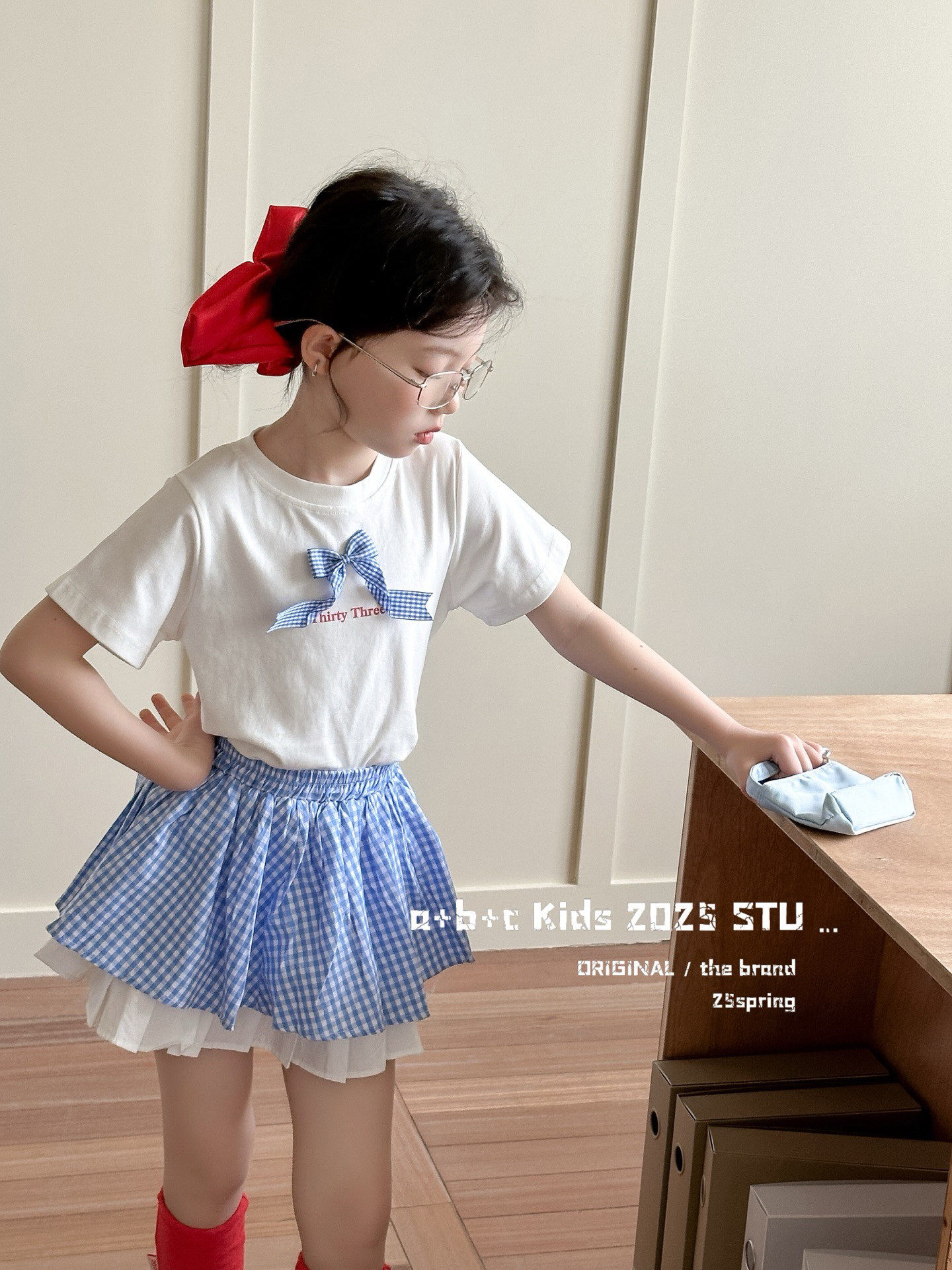 女童夏季套装韩版新款蝴蝶结短袖体恤格子半身裙网红炸街两件套潮