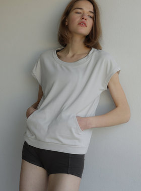 包拼邮日本代购Sacre夏百搭纯色简约舒适圆领口袋短袖宽松T恤上衣