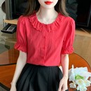 荷叶边娃娃领纯棉衬衫 夏季 时尚 2025年新款 女洋气全棉红色上衣 女装