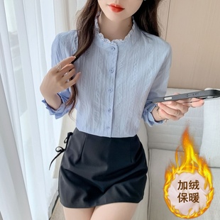秋冬季2025年新款加绒加厚小立领纯棉衬衫女洋气全棉长袖保暖上衣