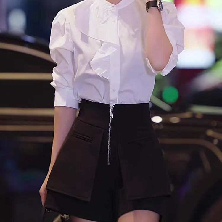 法式气质白色荷叶边长袖衬衫女春秋新款设计感宽松休闲洋气上衣潮