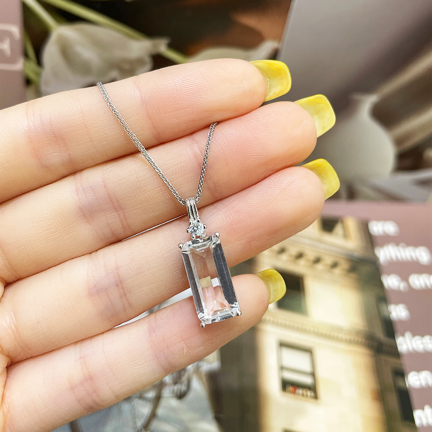 天然白水晶长方形吊坠女S925纯银项链镶嵌几何挂件送女友生日礼物