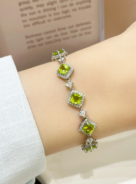 巴西天然原矿橄榄石手链S925纯银镶嵌宝石时尚轻奢首饰送女友礼物
