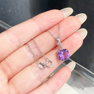 黛晶珊S925纯银天然紫水晶方型吊坠项链女简约精致锁骨链高级感