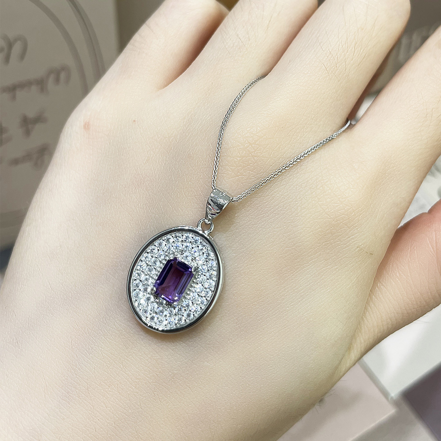 新中式天然紫水晶招财铜钱吊坠女S925纯银项链镶嵌转运椭圆宝石