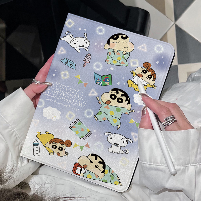 卡通蜡笔小新2025款11代平板壳ipad7/8/9代保护套10.2寸书本式air7蚕丝纹10.9寸mini7防摔10代全包iPad5适用6