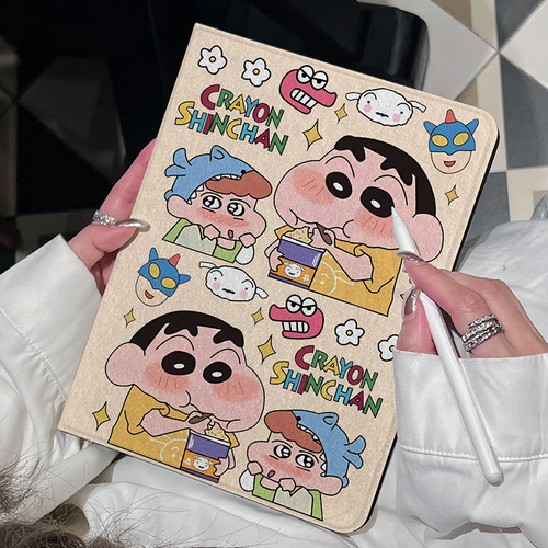 可爱蜡笔小新ipadair6/7保护壳2021平板9代10.2寸蚕丝纹pro11书本式air23456防摔mini76笔槽8.3寸适用pro10.5