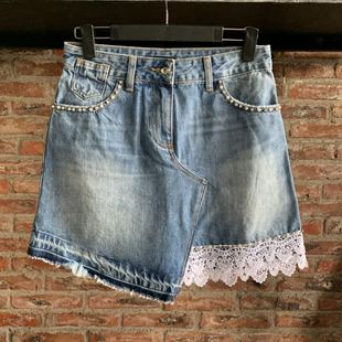 新款 女牛仔半身裙不规则全棉A字裙中高腰蕾丝拼接水钻珍珠8bc882b