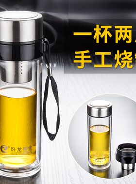 卧龙双层玻璃杯隔热杯子加厚泡茶杯男带盖把钢化防摔水晶水杯家用