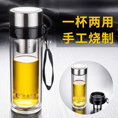 卧龙双层玻璃杯隔热杯子加厚泡茶杯男带盖把钢化防摔水晶水杯家用