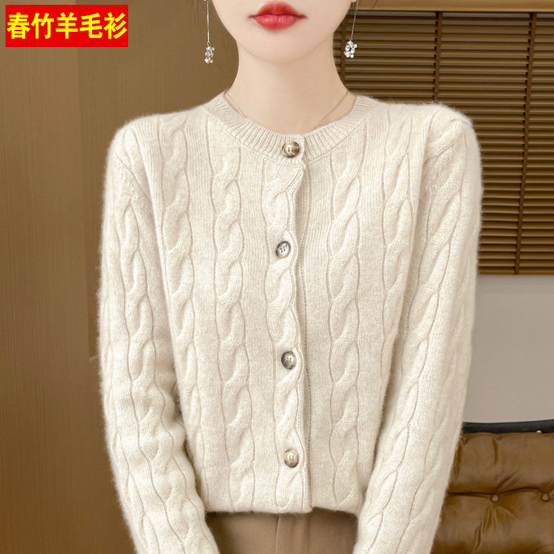 春竹秋冬新品厚款羊毛开衫外套女