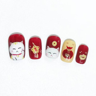 红色招财喵喵穿戴甲显白可爱卡通喜庆2026新过马年短爆款美甲贴片