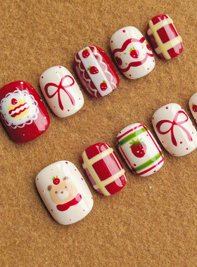 红色草莓蛋糕蝴蝶结穿戴甲显白少女日常简约新短豆豆款美指甲贴片