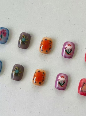 绚丽烟火涂鸦豆豆穿戴甲小众设计韩系ins 多巴胺新短款美指甲贴片