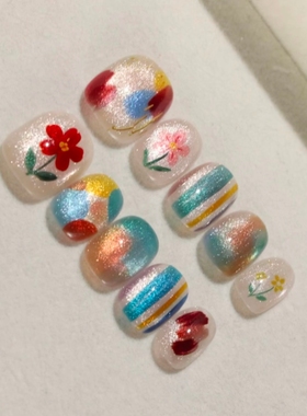 流光花野穿戴甲清新多巴胺晕染