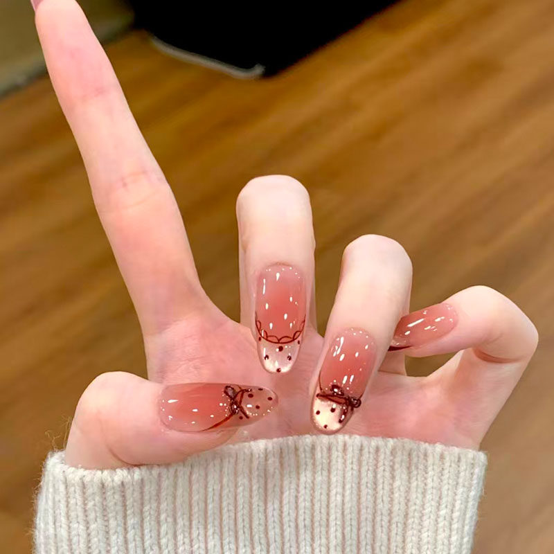 酒红蕾丝法式猫眼穿戴甲波点蝴蝶结高级感节日常新长款美指甲贴片,彩妆/香水/美妆工具,穿戴甲/甲片,淘宝优惠券,粉丝福利购,淘宝优惠卷