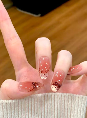 酒红蕾丝法式猫眼穿戴甲波点蝴蝶结高级感节日常新长款美指甲贴片