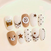 可爱咖啡熊穿戴甲波点卡通简约日常短椭圆清新款 学生韩系美甲贴片