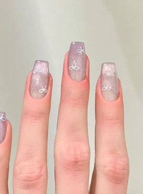 温柔淡紫色蝴蝶结猫眼穿戴甲显白日常甜美ins风 中长新款美甲贴片