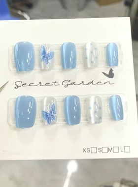 蓝色波点蝴蝶结猫眼穿戴甲清新可爱韩系高级感百搭显白短美甲贴片