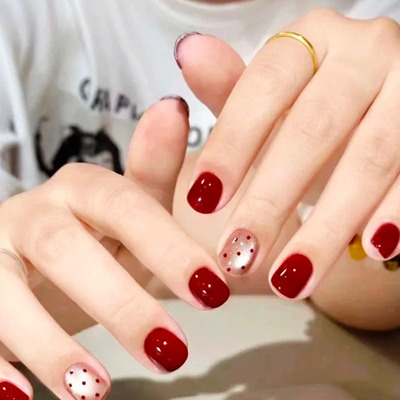 酒红跳色波点猫眼穿戴甲