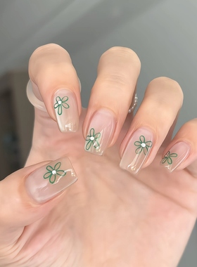 清绿小花穿戴甲清新裸透底