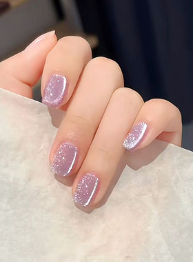 梦幻浅紫色爆闪猫眼穿戴甲夏季新短款高级感简约香芋少女美甲贴片