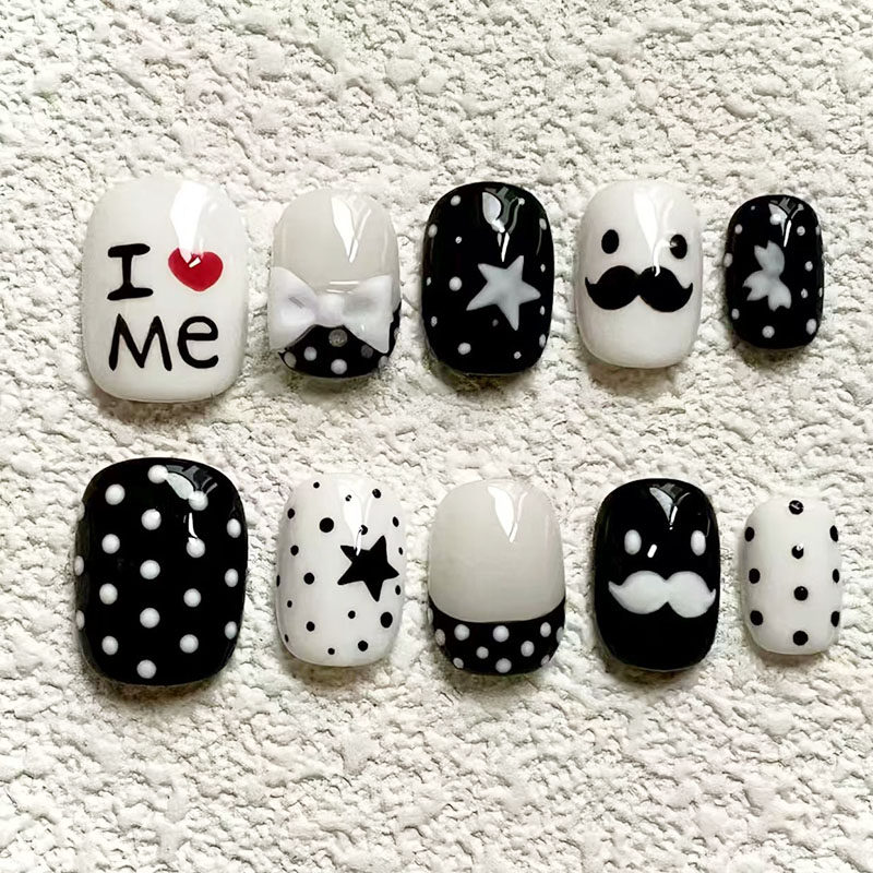 超萌波点跳色穿戴甲暗黑小胡子甜酷可爱少女趣味豆豆短款美甲贴片