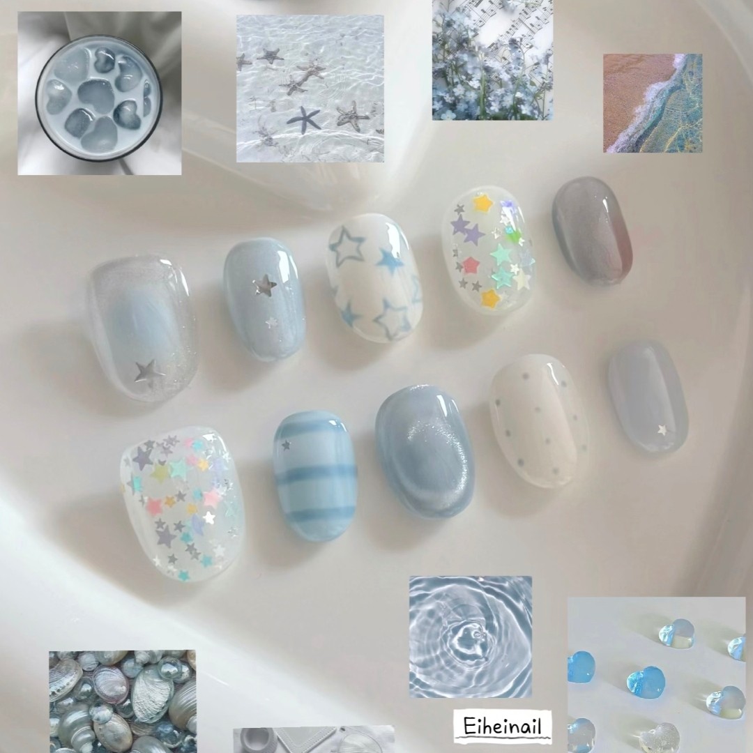 海盐蓝星穿戴甲清爽简约显白海洋风夏日温柔高级感新短款美甲贴片