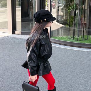 26秋冬酷飒风工装大口袋松紧腰荷叶边设计感炸街黑色女童皮衣外套