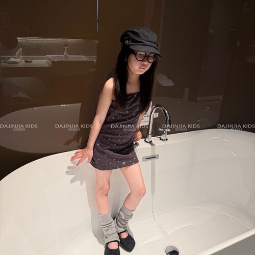 26夏季清凉一夏可爱星星印花女宝宝吊带裙修身中长款背心灰色裙