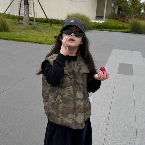 女儿童迷彩正反两穿棉百搭棉马甲