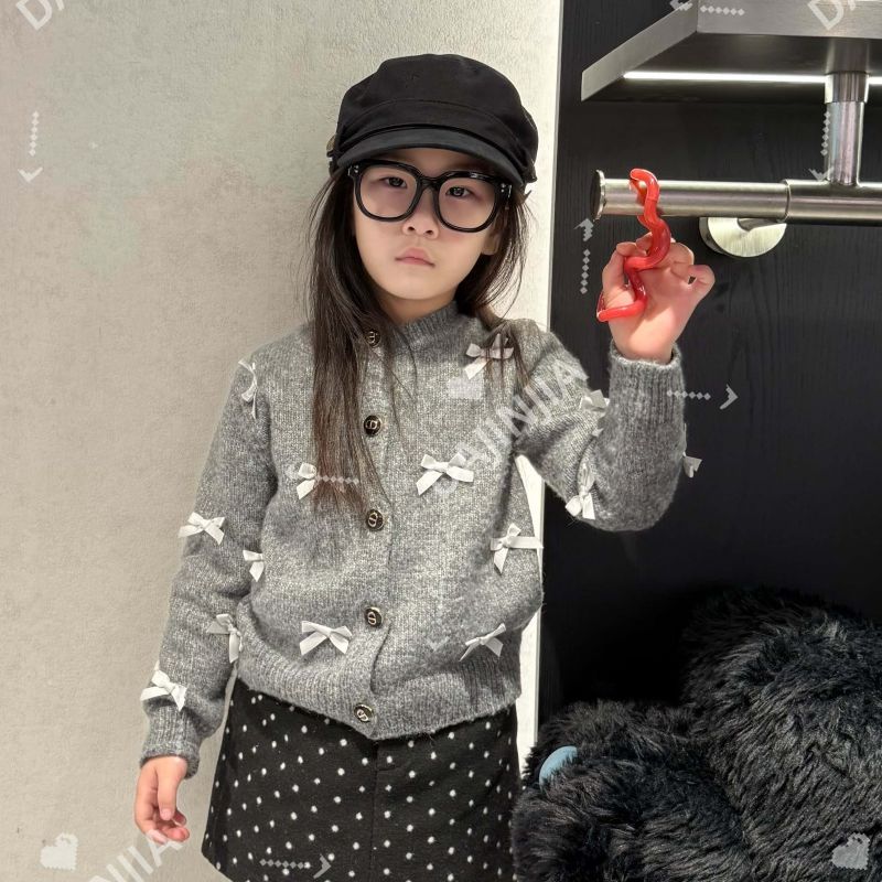 大金家童装25秋冬Mu系蝴蝶结针织开衫毛衣灰色超好看秋季入园上衣