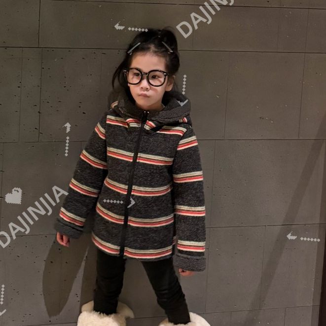 25冬季重工复古条纹连帽时髦撞色加厚羔羔绒毛软糯拉链保暖外套