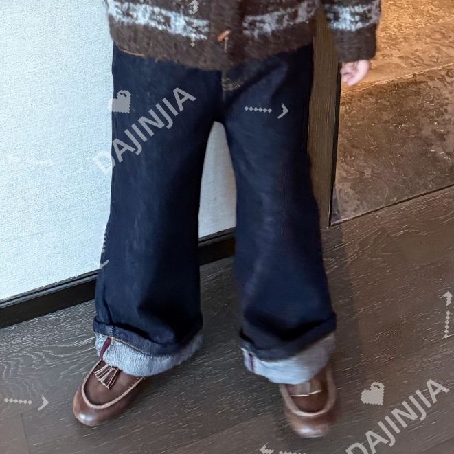 25冬季新款水洗原色软牛仔一体绒翻边加绒加厚软牛仔直筒牛仔裤