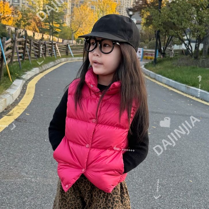 25冬季M玫粉色经典款立领90白鸭绒巨保暖男女童羽绒百搭马甲外套