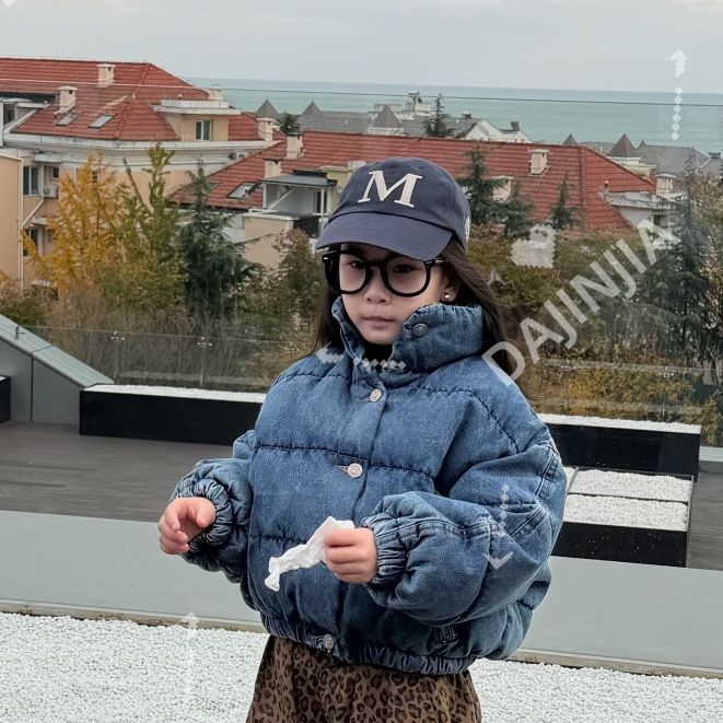 25冬季牛仔蓝色立领面包服韩系简约复古蓝男女宝冬季保暖棉服外套