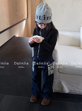 26春季KL牛仔蓝大口袋宽松字母工装裤男女童潮酷直筒高定绝版休闲