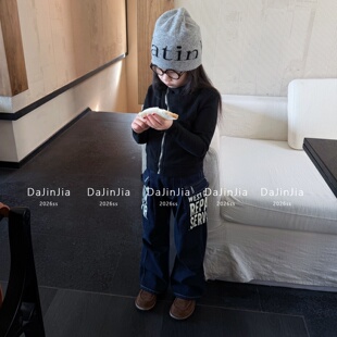 男女童潮酷直筒高定绝版 裤 休闲 KL牛仔蓝大口袋宽松字母工装 26春季