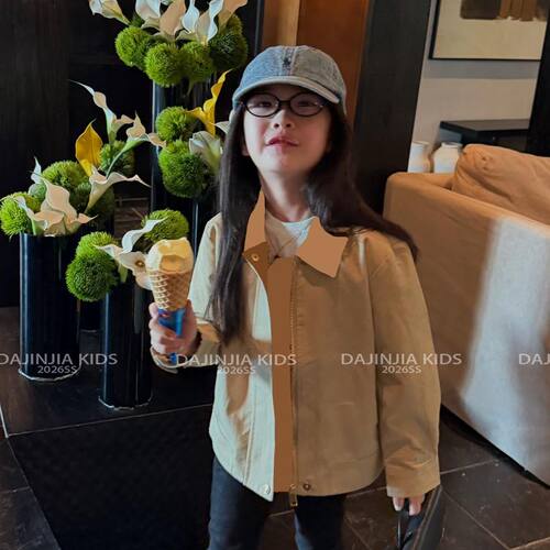 女儿童卡其色格纹拉链风衣外套