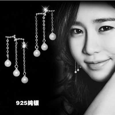 三珍珠长款925纯银流苏耳环韩版