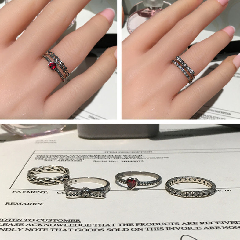 S925纯银麻绳爱心戒指韩版复古泰银细款蝴蝶结指环送女生闺蜜礼物